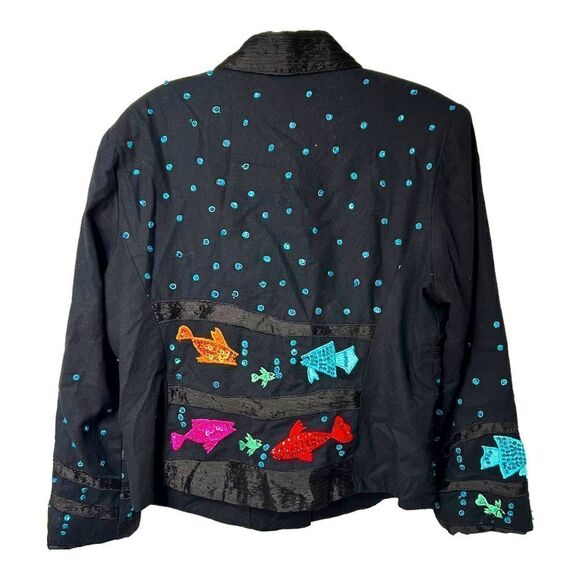 PATCHINGTON Black Blazer Pink Blue Orange Embroidered Sequence Fish Womens M - Picture 2 of 6